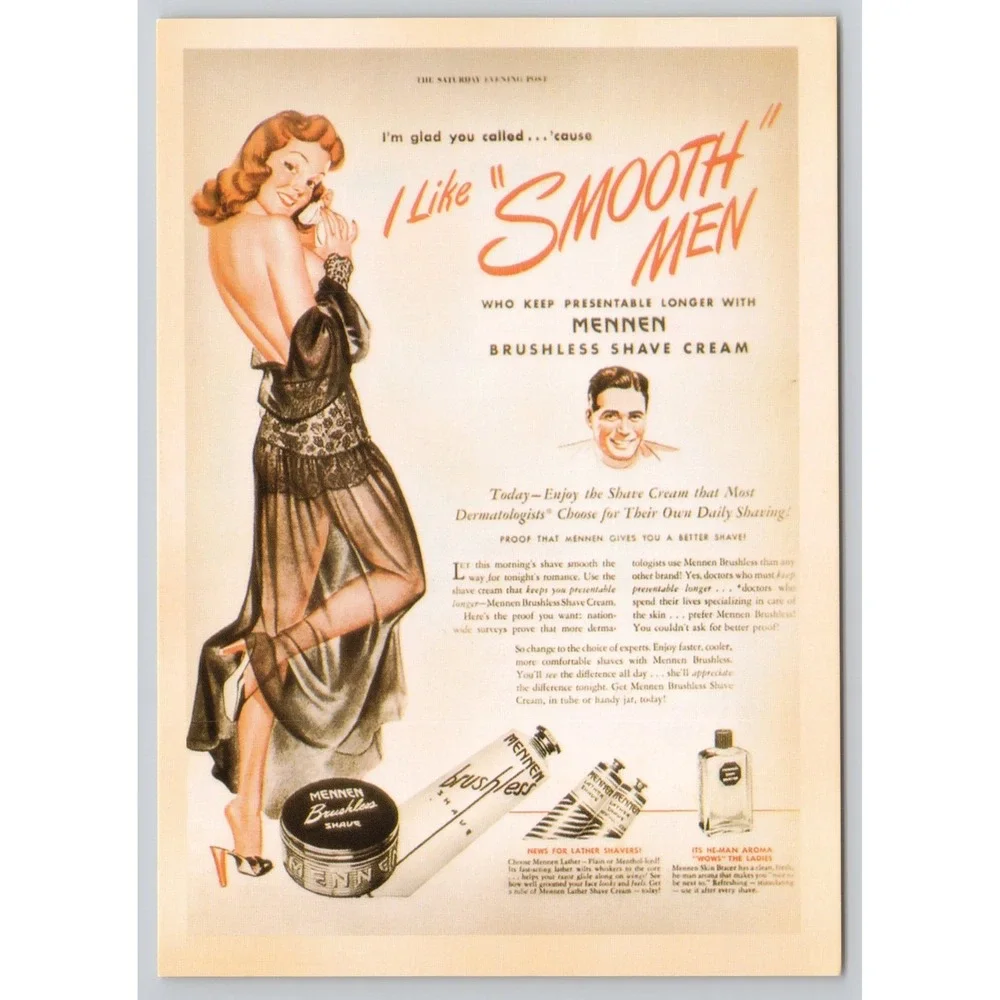 Risque Girl Advertisement‎ Mennen Brushless Shave Cream Vintage Postcard
